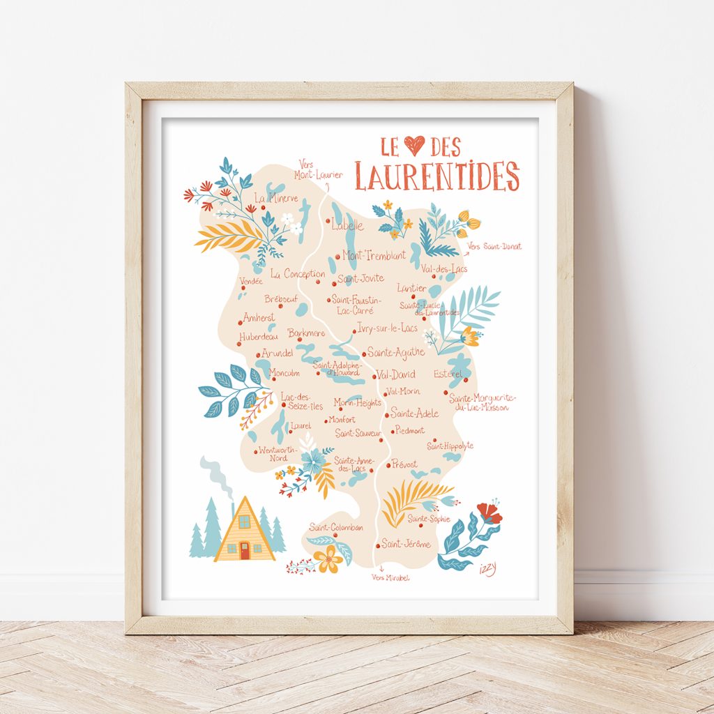 Affiche illustrée de la région des Laurentides par Isabelle Charbonneau